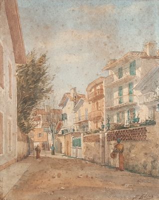 un tableau représentant une scène de rue avec un cheval et une calèche