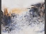 an abstract painting of a landscape with trees in the foreground