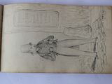 an old book with a drawing of a man standing in front of a table