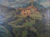 un tableau représentant une église sur une colline, avec le ciel en arrière-plan