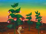 un tableau représentant un chat au milieu d'un champ fleuri