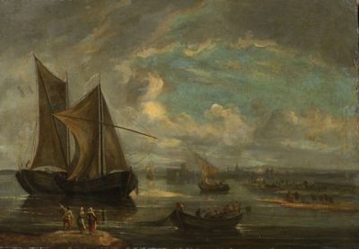 painting of boats in a body of water with a sky background