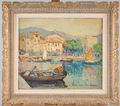 an oil painting of a boat in a harbor with buildings in the background