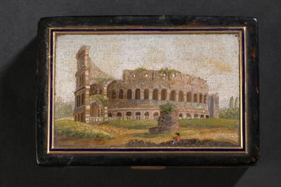 une vieille peinture représentant un bâtiment avec une tour au milieu