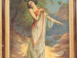 une peinture à l'huile représentant une femme en robe blanche au bord de l'eau