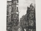 drawing of a street scene with a clock tower in the background