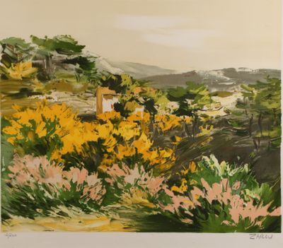 une image représentant un tableau représentant un paysage avec des fleurs jaunes