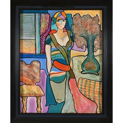 a painting of a woman in a colorful dress standing next to a vase
