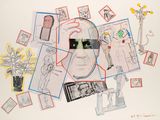 a drawing of a man ' s face surrounded by pictures of people