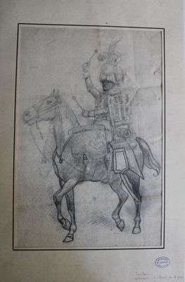 un vieux dessin représentant un homme à cheval, coiffé d'un casque