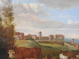 a painting of cows in a field with a castle in the background