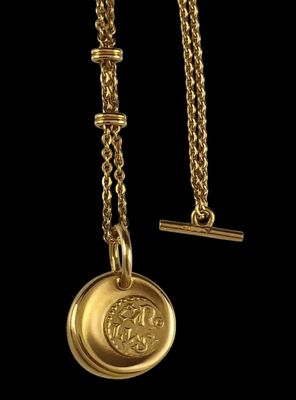 a close up of a gold necklace on a black background