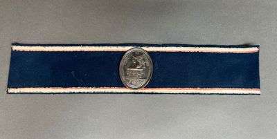 un gros plan d'une médaille accrochée à un ruban bleu et blanc