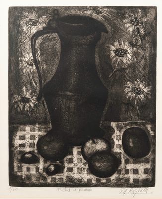 an image of a black and white drawing of a vase and apples