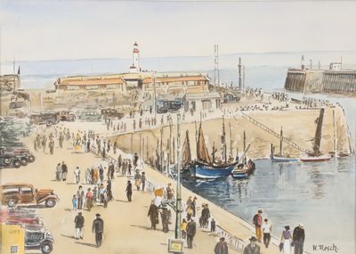 a painting of people walking on a pier by the water