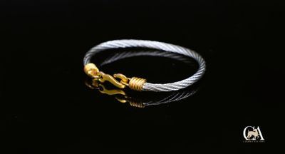 un gros plan d'une bague en argent et en or sur fond noir