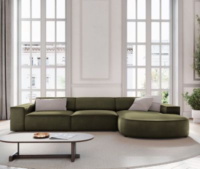 une photo d'un salon avec un canapé vert