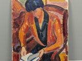 une peinture à l'huile représentant une femme en train de lire un livre posé sur une table