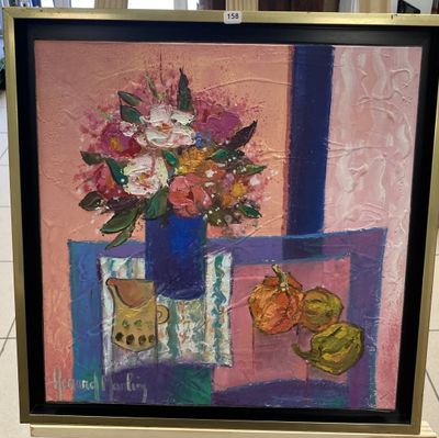 une peinture représentant un vase de fleurs et de fruits sur une table