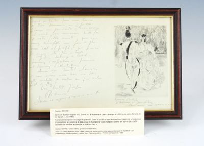 a framed drawing of a woman in a dress and a note