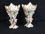 pair of antique hand painted porcelain vases with flowers and leaves