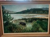 un tableau représentant un bateau sur l'eau, près d'une fenêtre