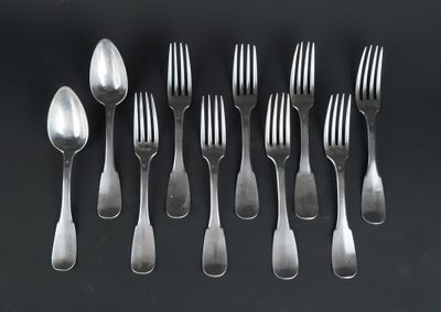 six forks and spoons are arranged in a row on a black surface