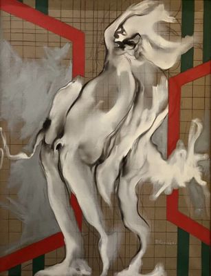 a painting of a dog that is standing in front of a door