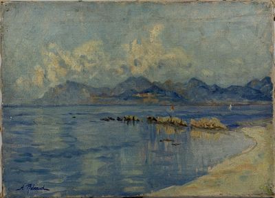 an image of a painting of a body of water with mountains in the background
