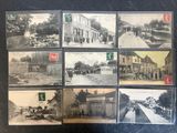 several old black and white photos of a street and buildings