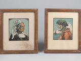 deux gravures encadrées représentant des vieillards portant un chapeau et une barbe