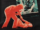une affiche noire et rouge représentant un homme tenant un bébé dans ses bras