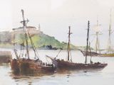 a painting of a boat in the water with a castle in the background