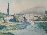 une aquarelle représentant un pont enjambant une rivière