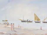 tableau représentant des personnes sur la plage, avec des bateaux en arrière-plan