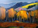 une peinture à l'huile représentant un paysage avec des arbres et des montagnes en arrière-plan