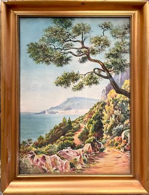 une peinture à l'huile représentant un arbre sur une falaise surplombant l'océan