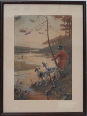 tableau représentant un homme et ses chiens au bord d'un lac, dans un cadre boisé