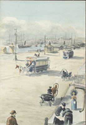 un tableau représentant des personnes se promenant sur la plage avec un cheval et une calèche