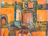 a painting of an orange and yellow landscape with a castle in the distance