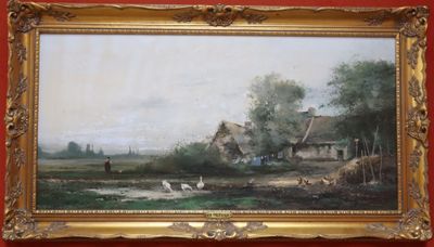 une peinture à l'huile représentant une scène de vie à la ferme avec des moutons au premier plan