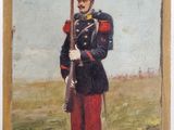 une peinture à l'huile représentant un homme en uniforme tenant un fusil
