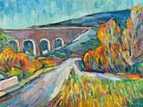 peinture représentant une peinture d'une route avec un pont en arrière-plan