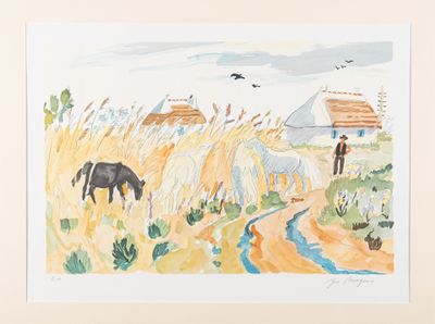 un tableau représentant un cheval et un homme dans un champ