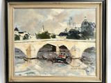 an oil painting of a bridge with a horse drawn carriage on it