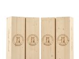 three wooden boxes with a logo on them sitting next to each other