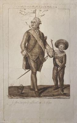 an old drawing of a man and a boy with a cane