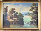 une peinture à l'huile représentant une scène fluviale avec une maison et une cascade
