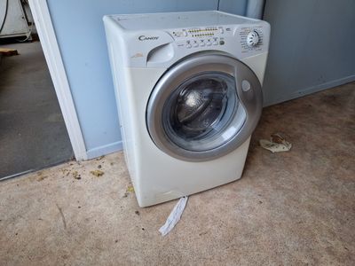 a washing machine sitting on the floor next to a door