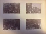 several black and white photos of a group of people on a street